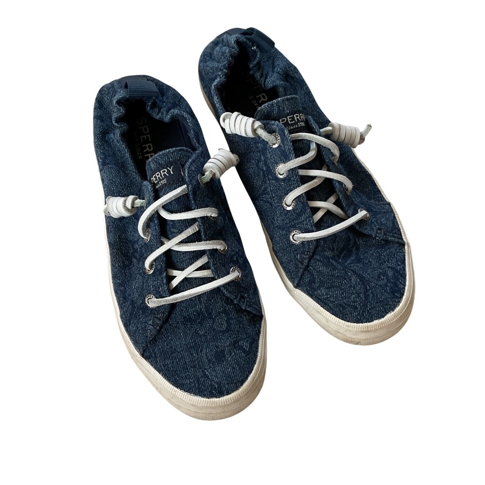 Sperry Top-Sider Crest Vibe Blue Denim Floral Print Slip On Sneakers Shoes
